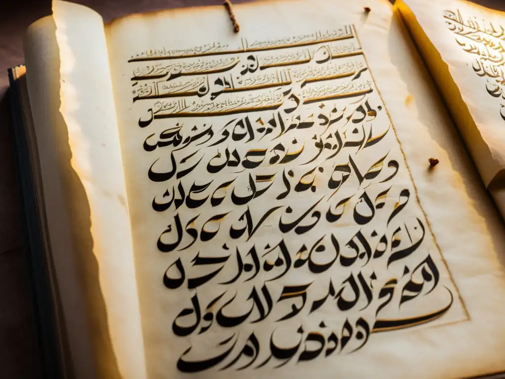 Un antiguo manuscrito con caligrafía árabe iluminado por la suave luz de la ventana, redescubriendo la razón en Al-Farabi