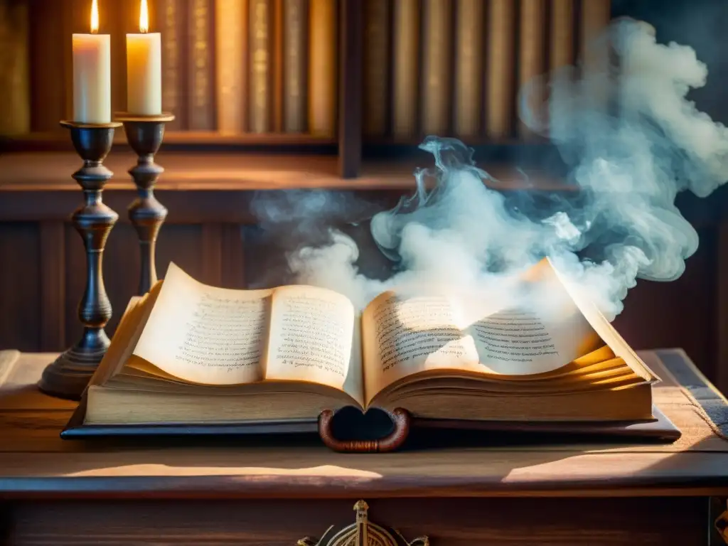 Antiguo manuscrito con caligrafía intrincada y pasaje filosófico de literatura religiosa, iluminado por luz cálida, rodeado de humo de incienso
