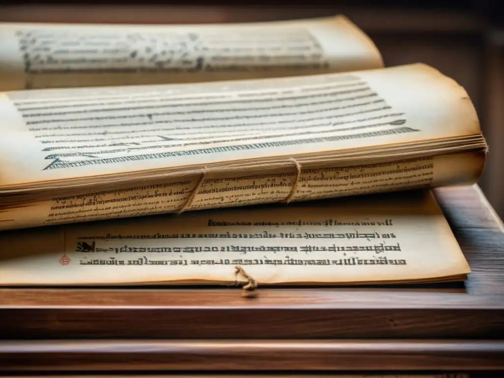 Antiguo manuscrito con enseñanzas prácticas de filósofos sobre la felicidad, iluminado por luz natural en un atril de madera