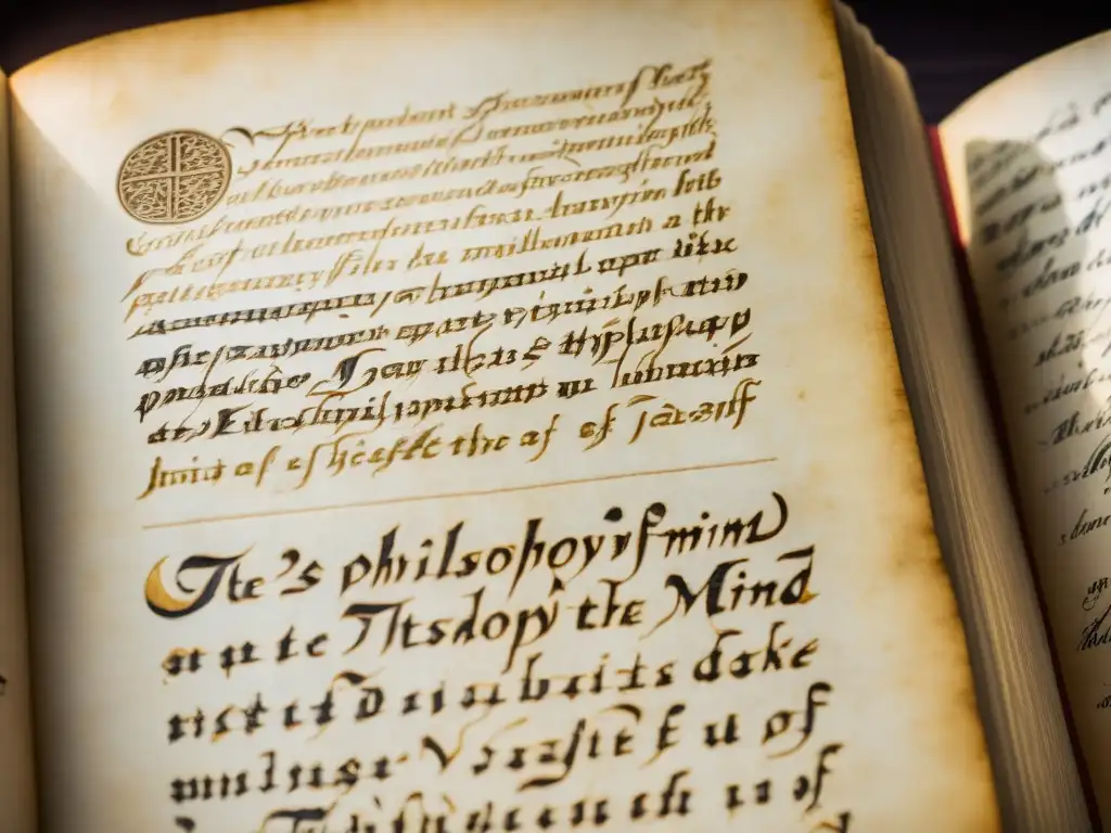Antiguo manuscrito filosofía mente iluminado por luz natural, con caligrafía y textura detalladas, revelando tratados influyentes