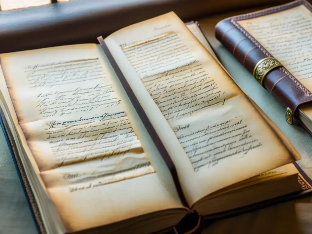 Antiguo manuscrito con ontología y filosofía de la ciencia, letras caligráficas en pergamino amarillento iluminado por luz natural