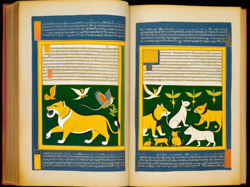 Un antiguo manuscrito del Panchatantra con páginas amarillentas, ilustraciones detalladas y texto sánscrito