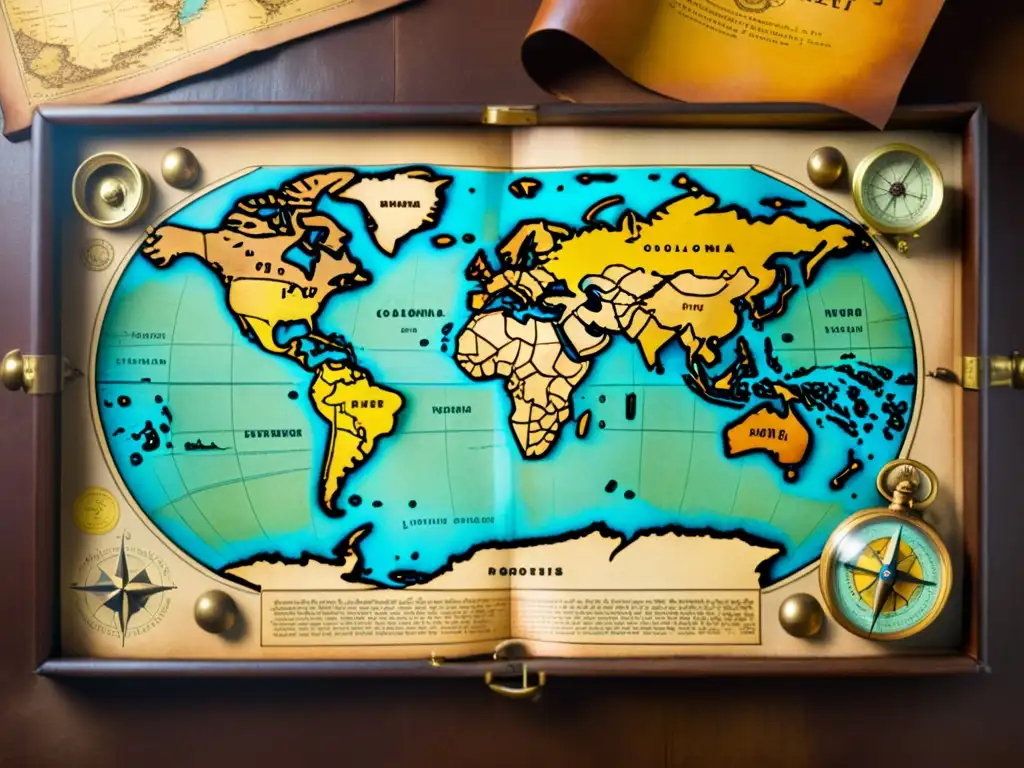 Mapa antiguo del mundo en escritorio de madera Antiguo mapa del mundo en un escritorio de madera, rodeado de brújulas, globos terráqueos y libros antiguos