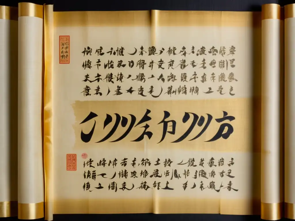 Antiguo pergamino del Tao Te Ching con caligrafía delicada y detalles en oro