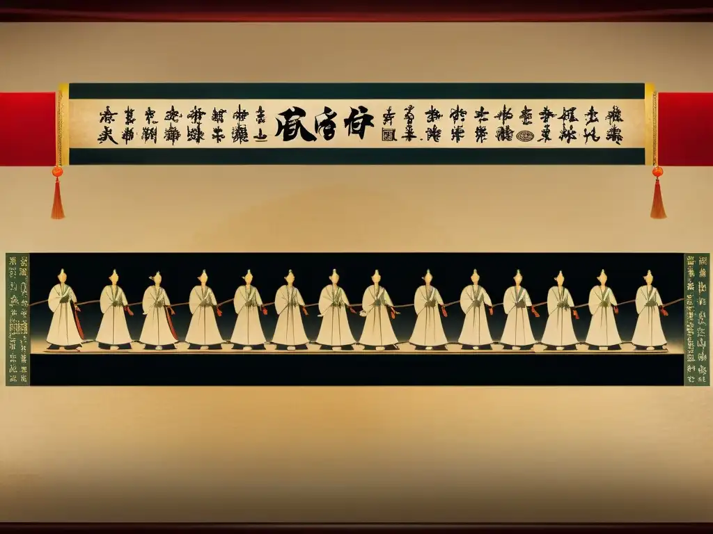 Antiguo pergamino chino con enseñanzas de Lao Tse sobre líder servicial desde su perspectiva, con caligrafía e ilustraciones detalladas