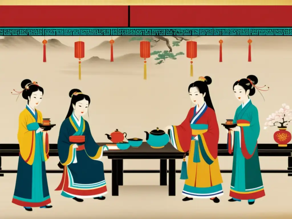 Antiguo pergamino chino muestra mujeres en la sociedad confuciana, realizando actividades domésticas y ceremoniales