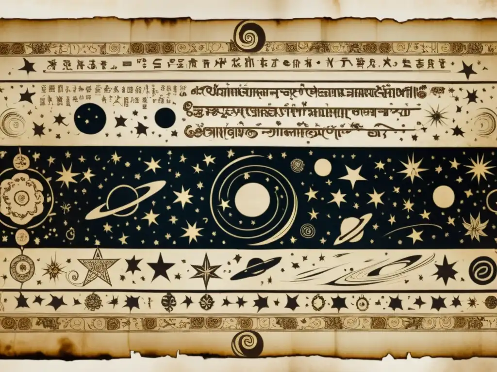 Antiguo pergamino desplegado con ilustraciones celestiales desvanecidas que muestran la filosofía de la naturaleza y cosmos de civilizaciones antiguas