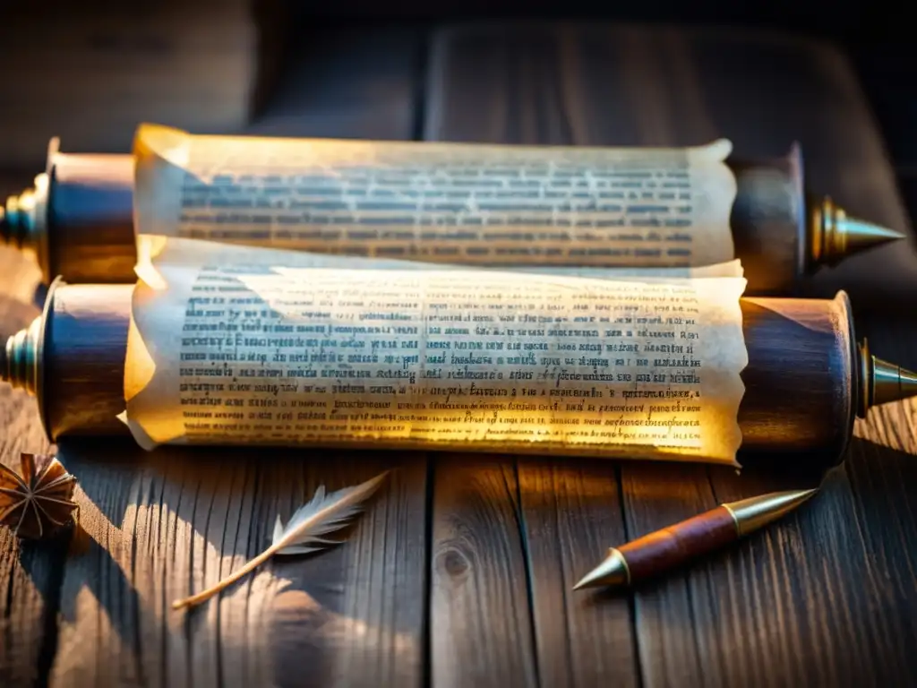 Antiguo pergamino con enseñanzas metafísicas, iluminado por la luz, sobre una mesa de madera oscura, evocando sabiduría y exploración académica