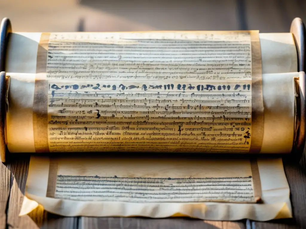 Antiguo pergamino con filosofía escrita en caligrafía elegante y envejecida, sobre superficie de madera oscura