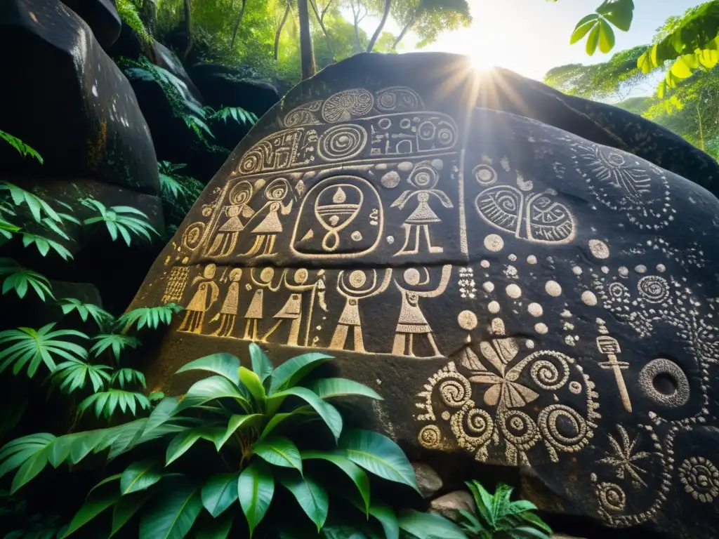 Antiguo petroglifo taíno en roca con enigmas filosóficos sabiduría caribeña