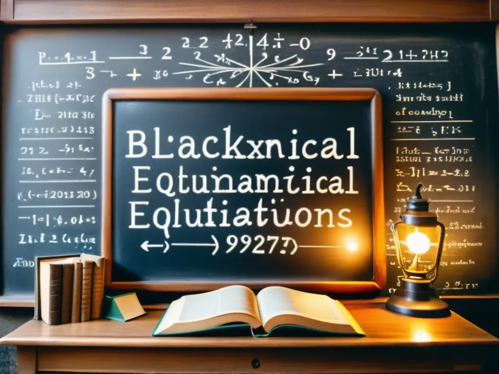 Un antiguo pizarrón cubierto de ecuaciones matemáticas y enunciados paradójicos, rodeado de libros polvorientos y iluminado por una lámpara