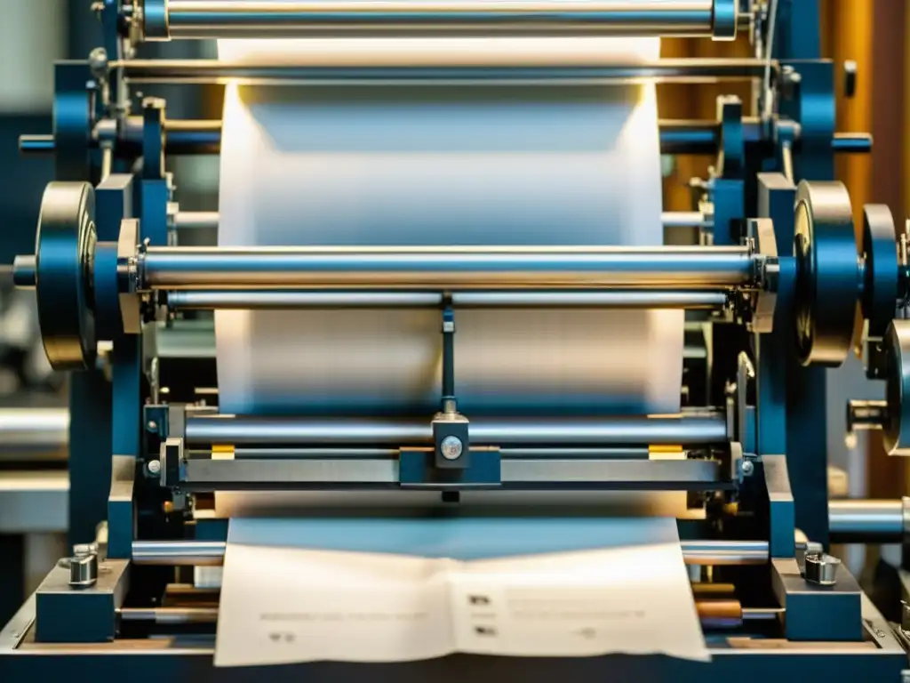 Un antiguo proceso de impresión en funcionamiento, con letras metálicas y rodillos de tinta en movimiento, creando una página impresa