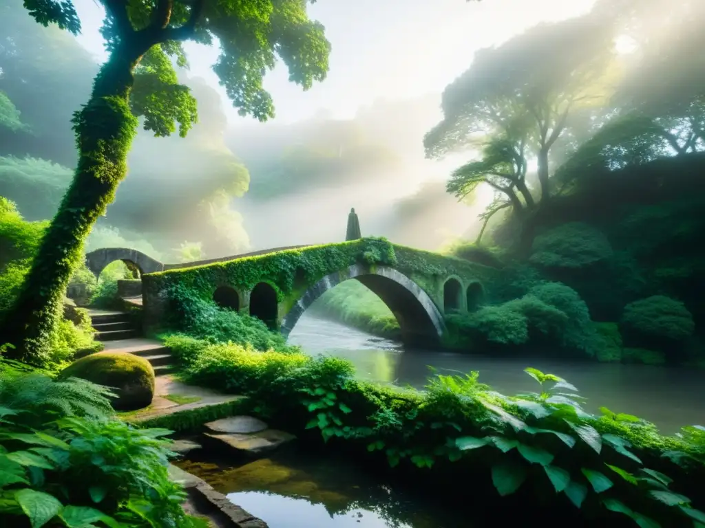 Un antiguo puente de piedra envuelto en neblina, rodeado de vegetación exuberante y un río sereno