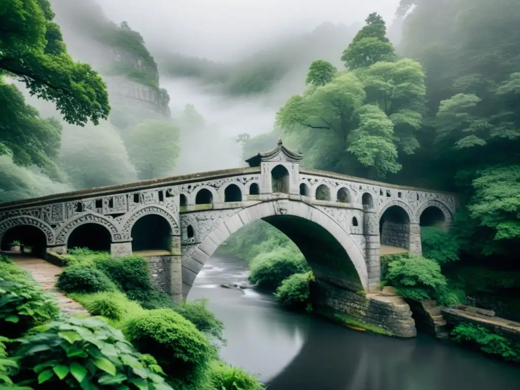Un antiguo puente de piedra en la niebla, con símbolos esotéricos, cruza un río