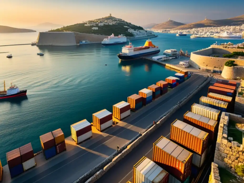 El antiguo Puerto de El Pireo al atardecer, con actividad comercial y el mar Egeo