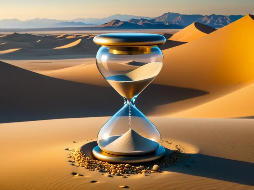 Un antiguo reloj de arena en el desierto, con granos de oro cayendo lentamente