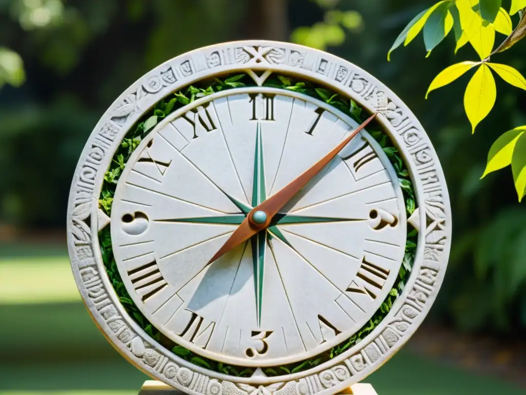 Un antiguo reloj de sol de mármol con intrincados grabados, en un entorno de exuberante vegetación y luz filtrada
