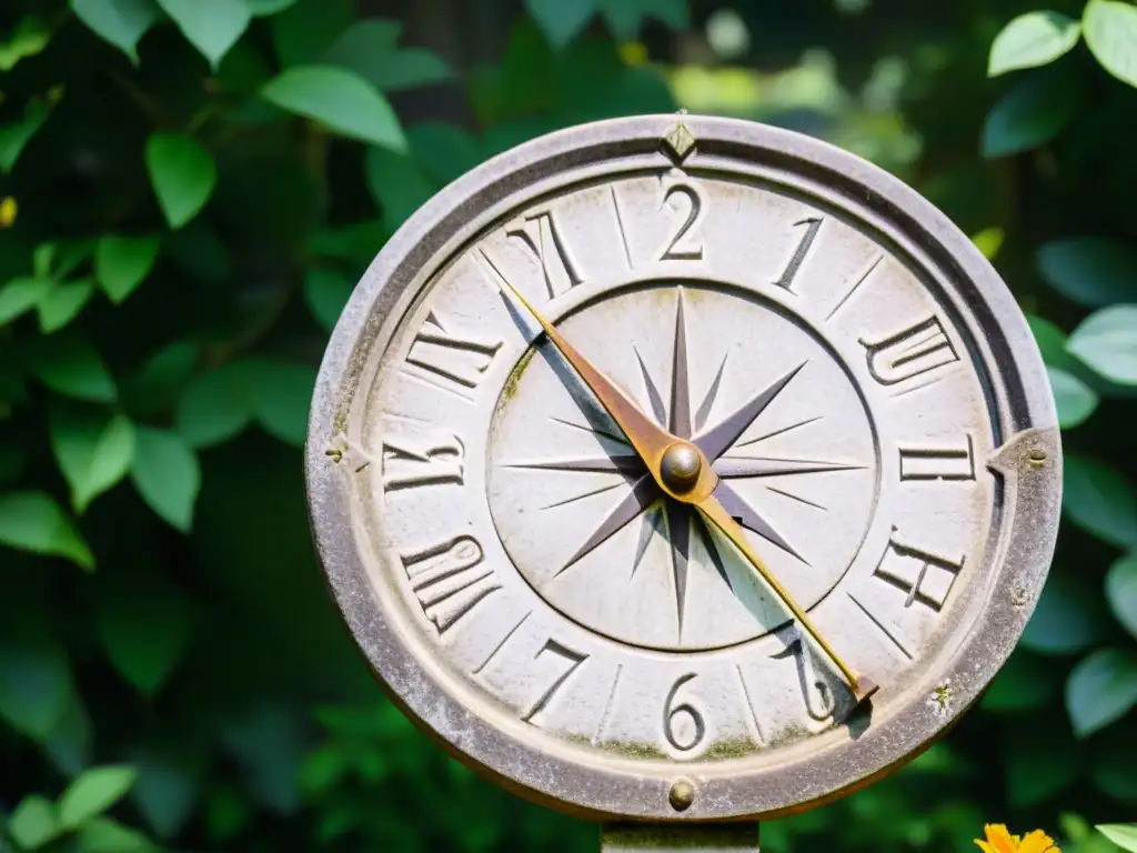 Un antiguo reloj de sol en un jardín, envejecido por el tiempo, con intrincados grabados