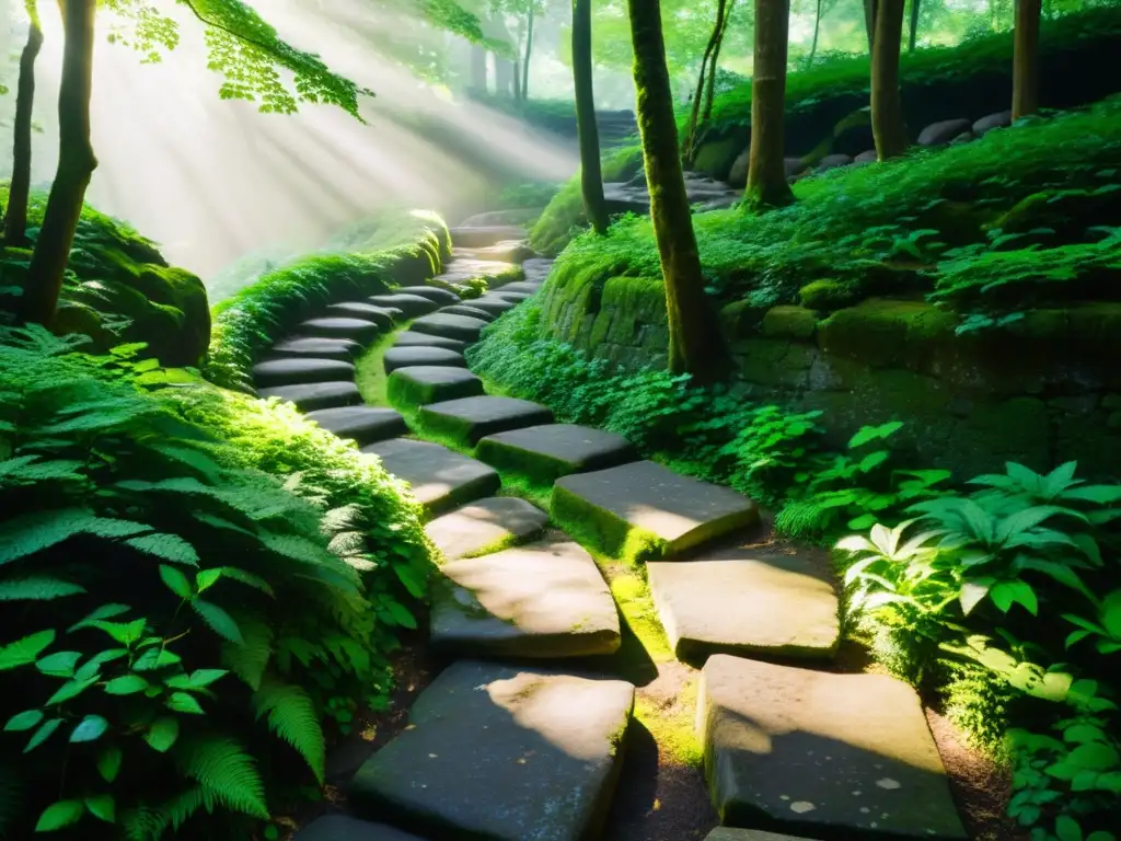 Un antiguo sendero de adoquines serpentea entre un exuberante bosque, iluminado por la luz del sol