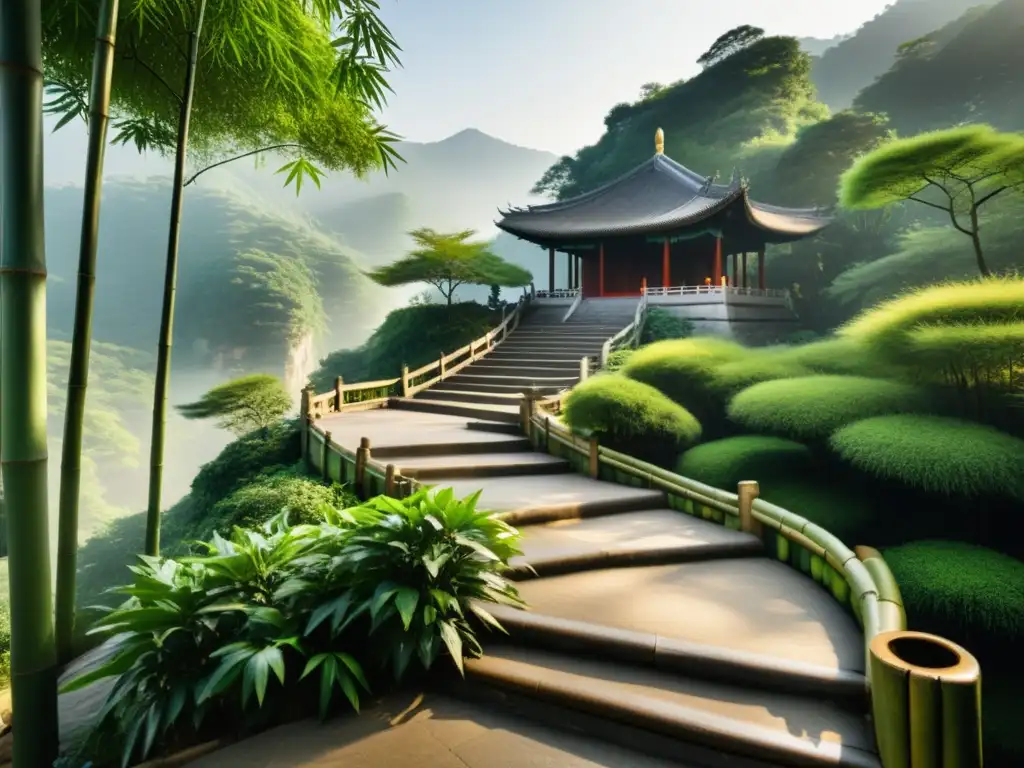 Un antiguo sendero de montaña se adentra en bosques de bambú cubiertos por la niebla, revelando escalones de piedra iluminados por rayos de sol