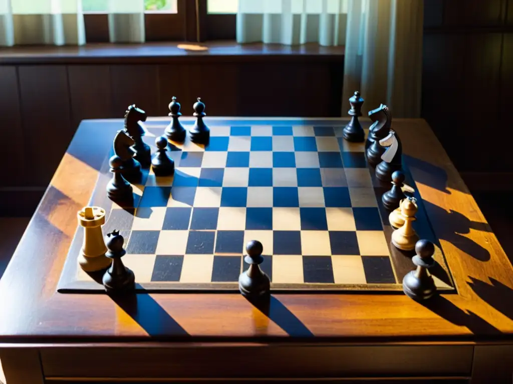 Tablero de ajedrez antiguo iluminado por la tarde Un antiguo tablero de ajedrez y piezas de madera tallada, bañados por la luz de la tarde