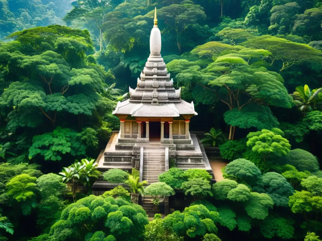 Antiguo templo en bosque exuberante, simbolizando sincretismo filosófico reconciliación ciencia religión