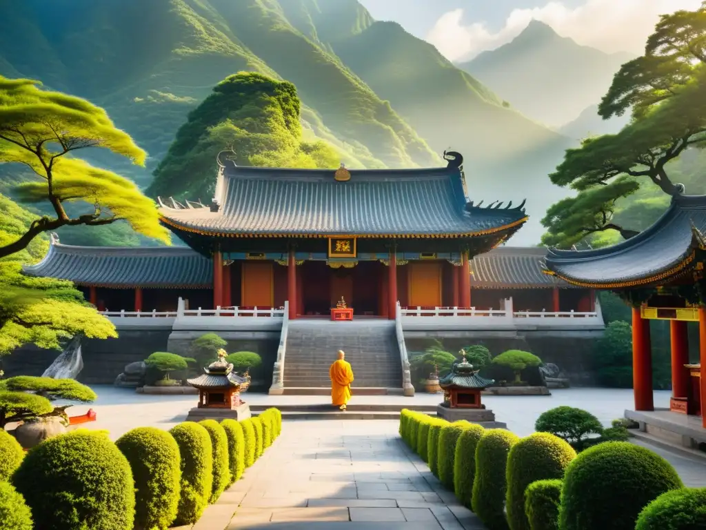 Un antiguo templo chino en las montañas, con dragones esculpidos y monjes en meditación