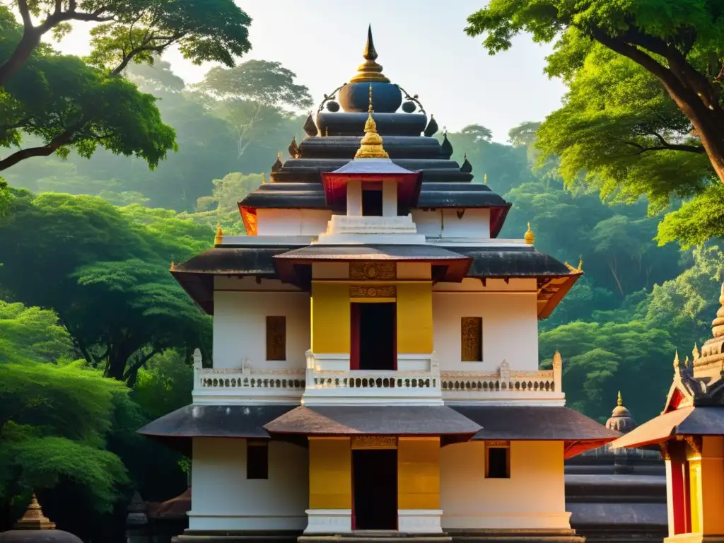 Un antiguo templo indio en un bosque exuberante, bañado en luz dorada, con devotos en oración