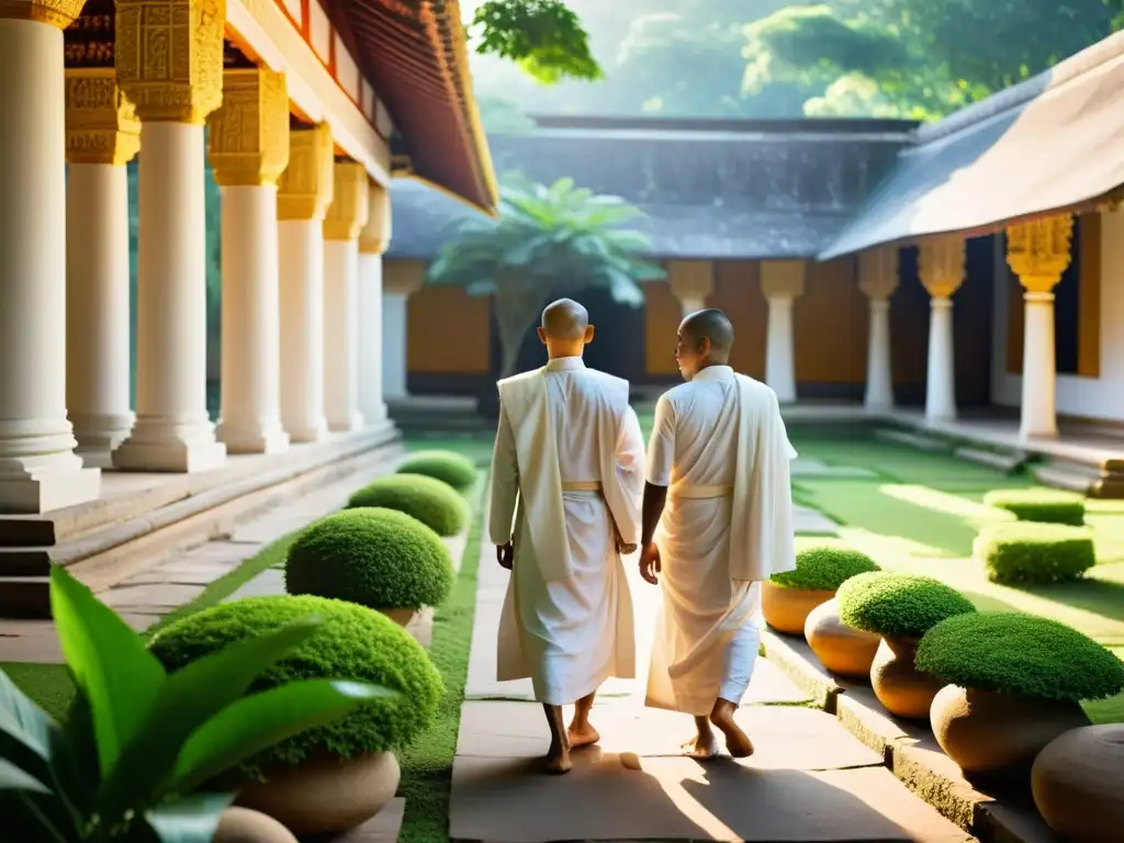 Jain monks en un antiguo templo, inmersos en meditación y rodeados de serena belleza