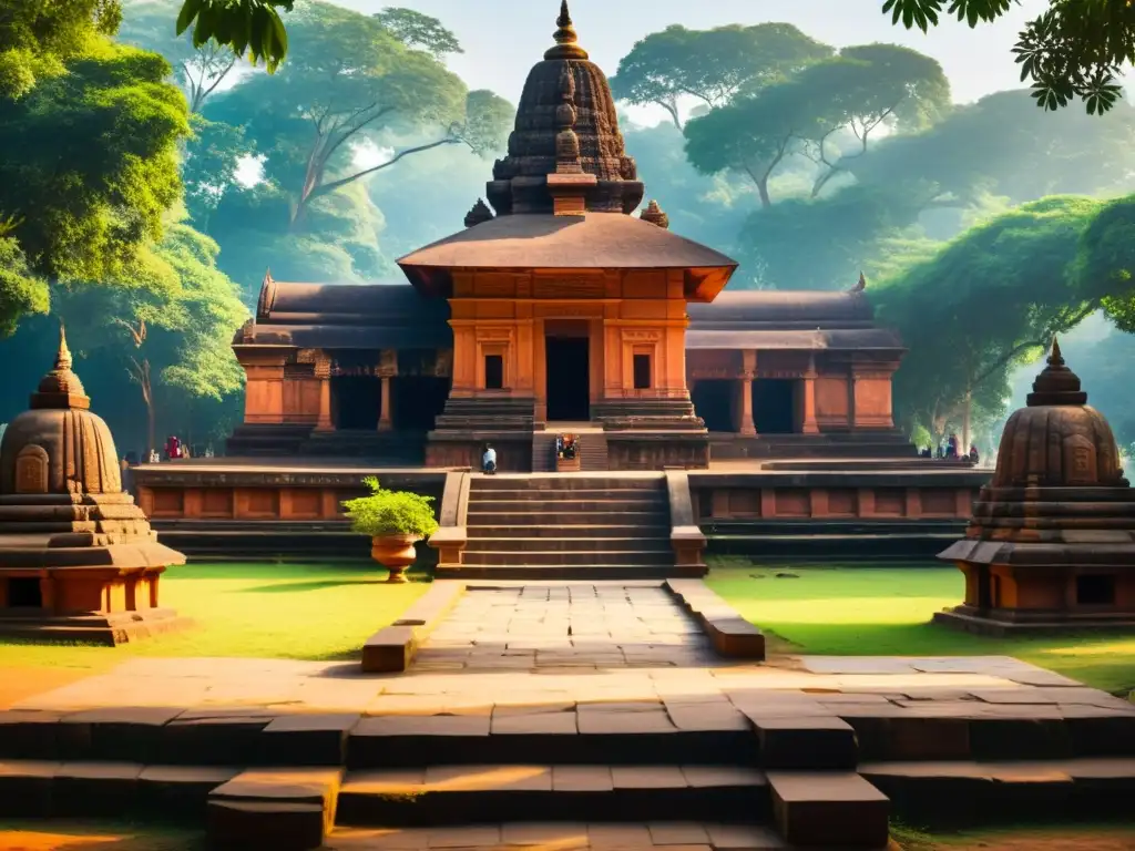El antiguo templo de Kundalpur, lugar de nacimiento del Tirthankara Mahavira, rodeado de exuberante vegetación y bañado por cálida luz solar