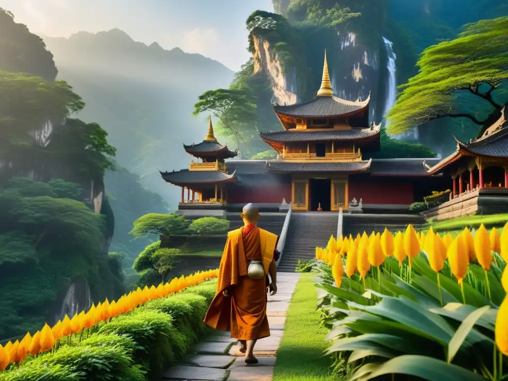 Un antiguo templo en las verdes montañas de Asia, con detalles arquitectónicos intrincados y una serena tranquilidad