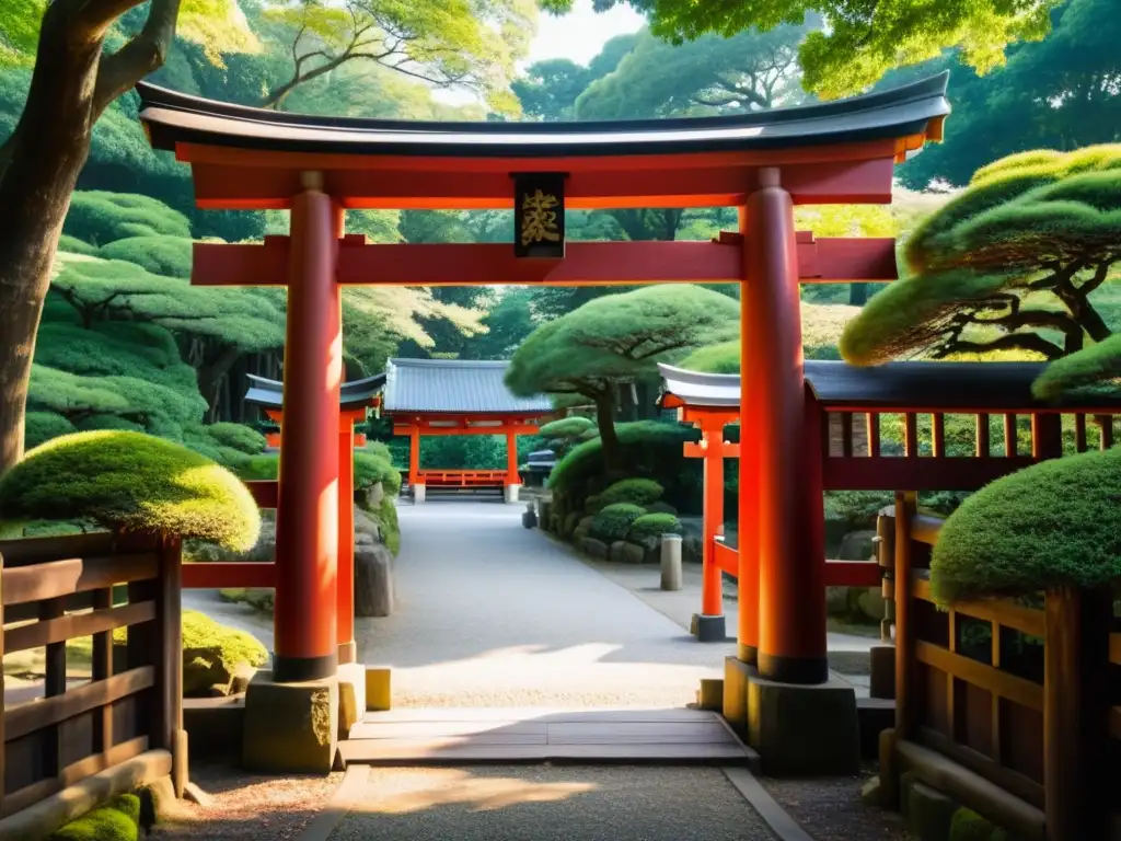 Un antiguo torii shintoísta en medio de la naturaleza, con su color rojo resaltando