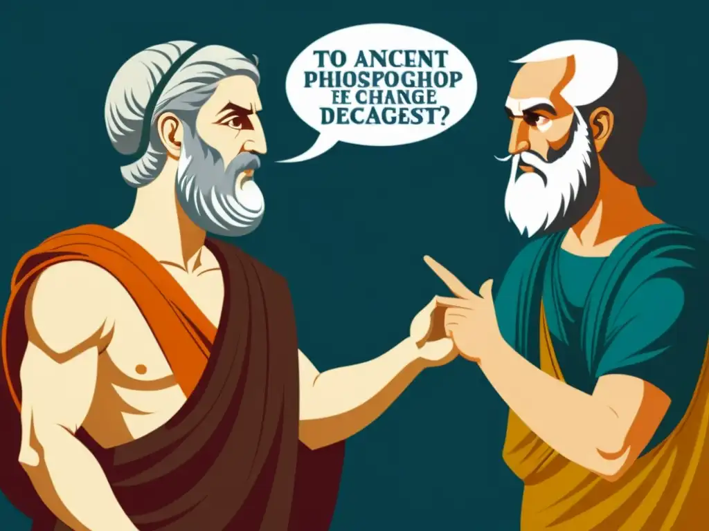 Dos antiguos filósofos griegos, Heráclito y Parménides, debaten intensamente en una cámara ornada sobre el 'Conflicto entre Ser y Cambio filosofía'