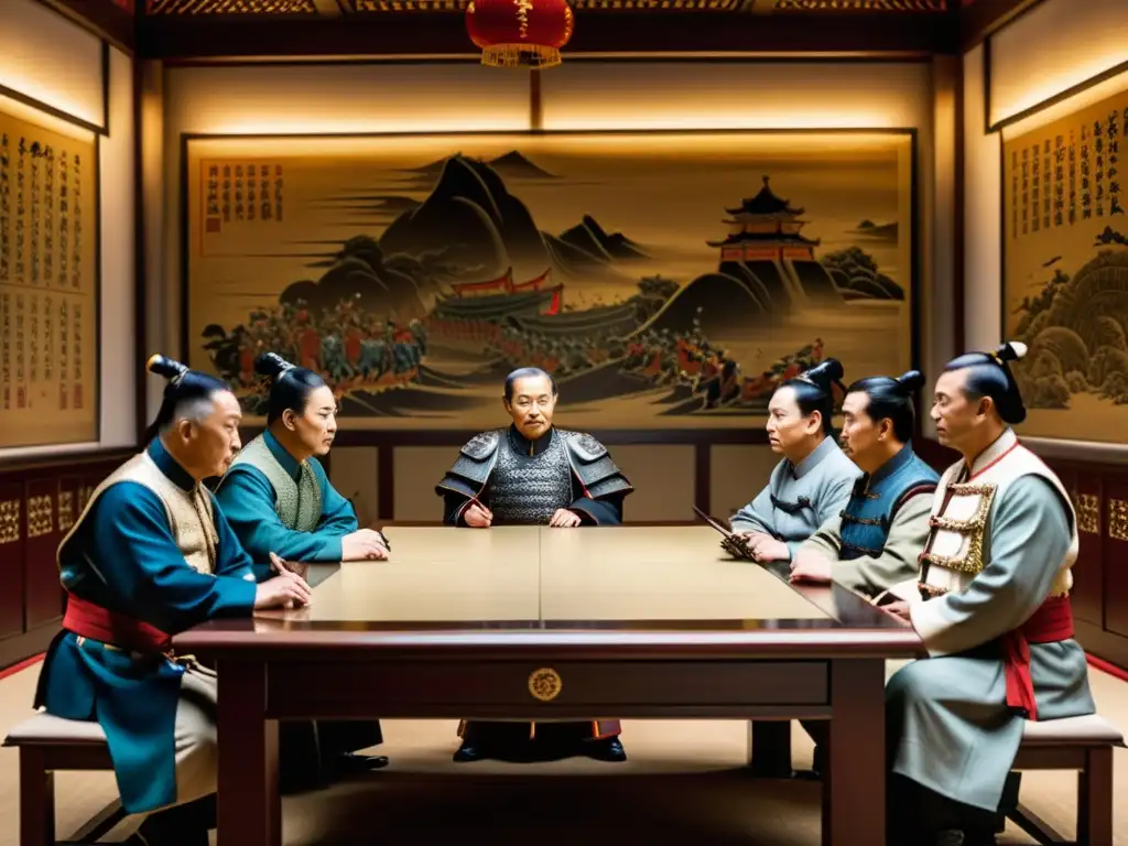 Antiguos generales chinos en consejo estratégico, con 'La Filosofía del liderazgo en crisis' de Sun Tzu