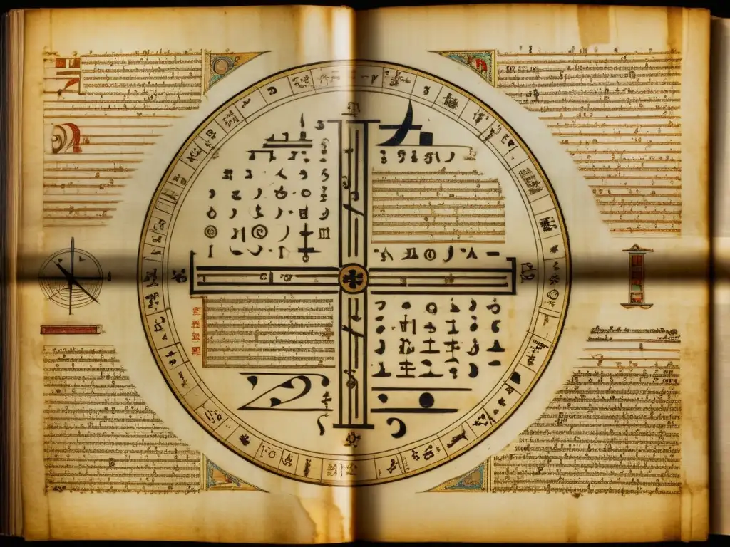 Manuscritos matemáticos antiguos: sabiduría atemporal Antiguos manuscritos y artefactos matemáticos con símbolos e intrincados diagramas en pergamino envejecido, iluminados suavemente