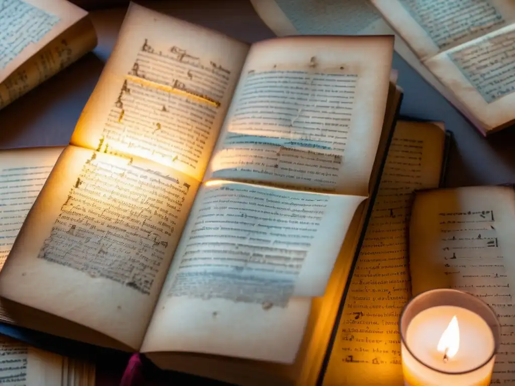 Antiguos manuscritos filosóficos iluminados por velas, evocando sabiduría y conocimiento en Filosofías sobre la mente humana
