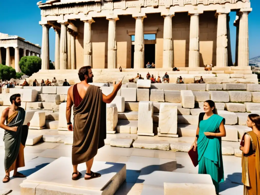 Antiguos oradores griegos hablan apasionadamente en la bulliciosa Ágora de Atenas, mostrando el poder de la palabra en Grecia