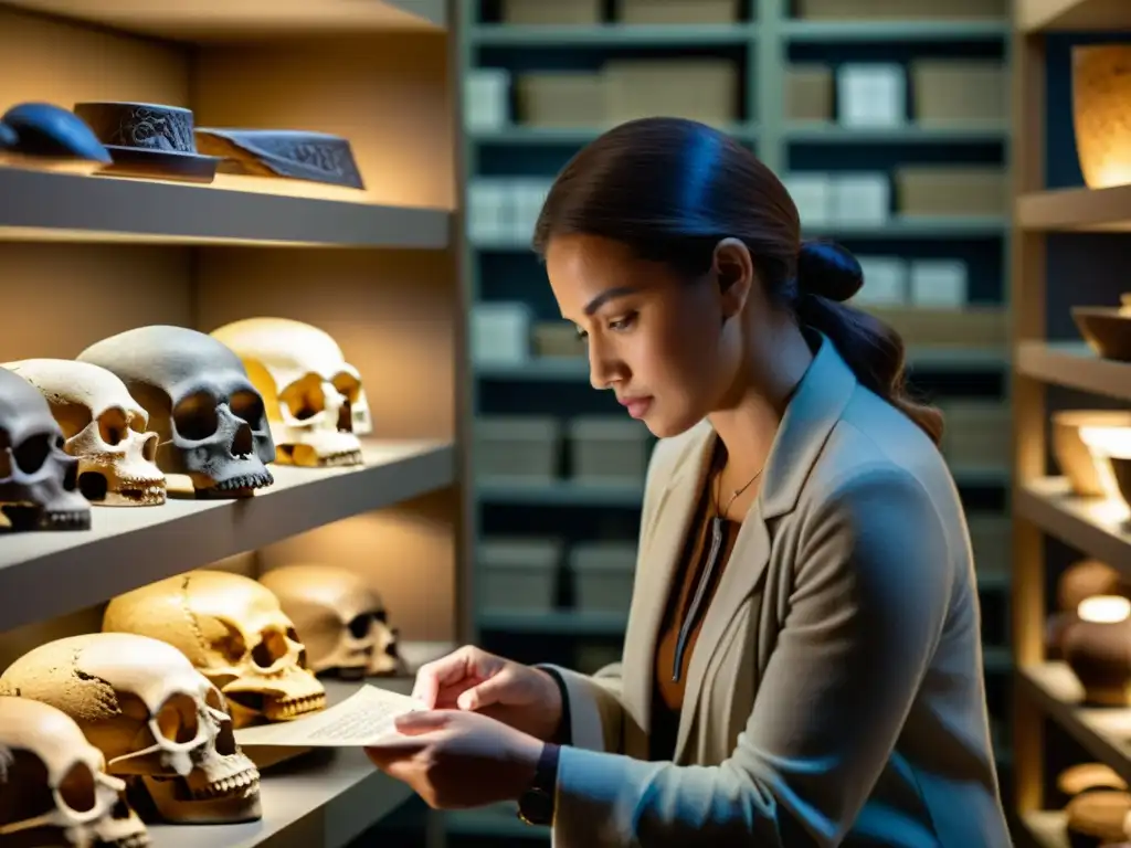 Exploración meticulosa de artefactos antiguos en archivo de museo Un antropólogo examina meticulosamente artefactos antiguos en un archivo de museo, destacando la filosofía de la ciencia en antropología
