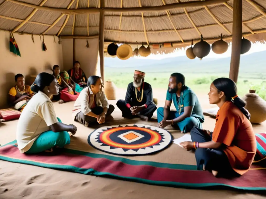 Intercambio cultural profundo entre antropólogos y comunidad Antropólogos y comunidad en profunda conversación, rodeados de artefactos tradicionales y textiles vibrantes