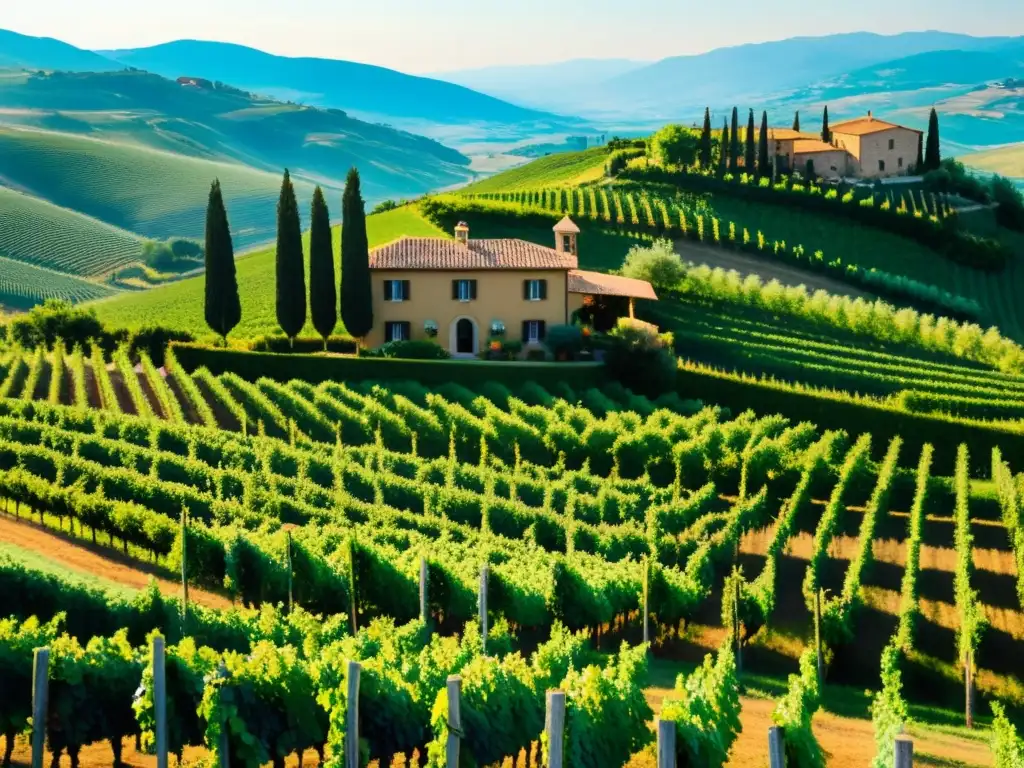 Una apacible finca vinícola bañada por el sol en Toscana, Italia, evocando la ruta epicúrea libertad financiera