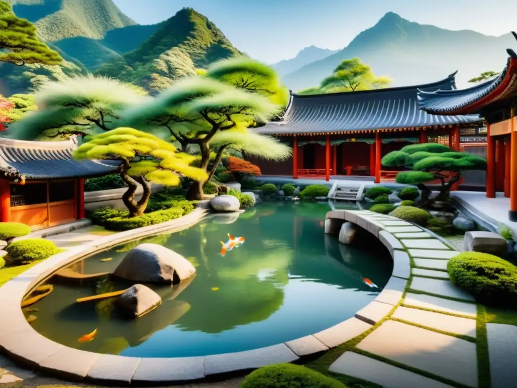 Un apacible jardín taoísta con koi pond, sendero de piedra y arquitectura china