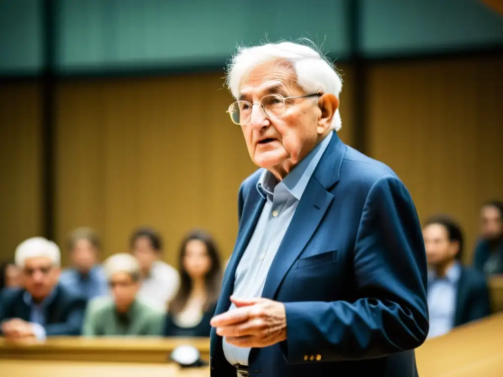 Jürgen Habermas imparte una apasionada conferencia sobre Teoría Crítica ante una audiencia diversa y comprometida en una universidad soleada