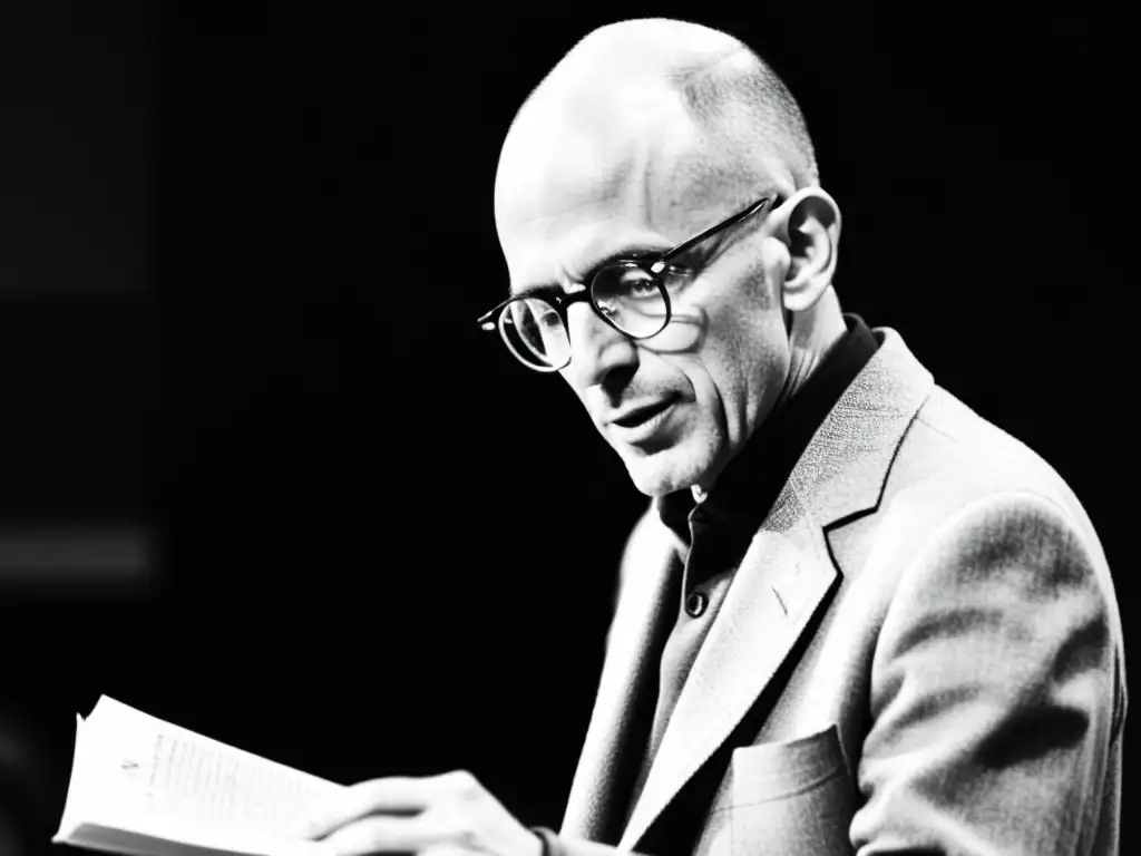 Michel Foucault imparte una apasionada conferencia en la universidad, rodeado de estudiantes atentos