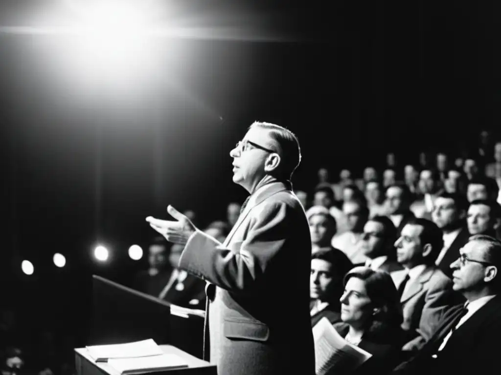 Jean-Paul Sartre imparte una apasionada conferencia en una sala iluminada, rodeado de libros filosóficos