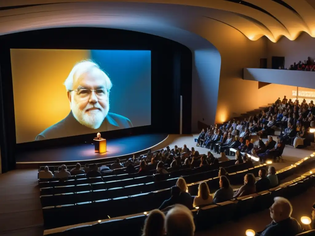 Conferencia apasionada de Mihaly Csikszentmihalyi sobre los conceptos de la filosofía, en anfiteatro universitario con audiencia atenta