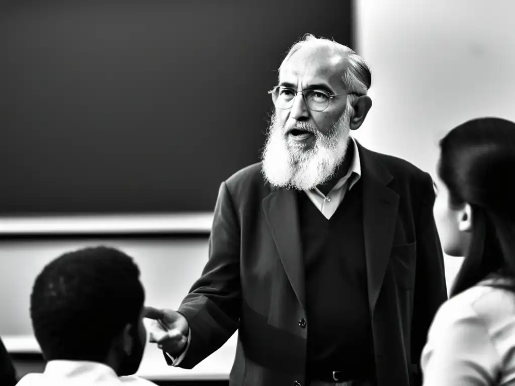 Paulo Freire lidera una apasionada discusión en el aula, destacando su legado filosófico