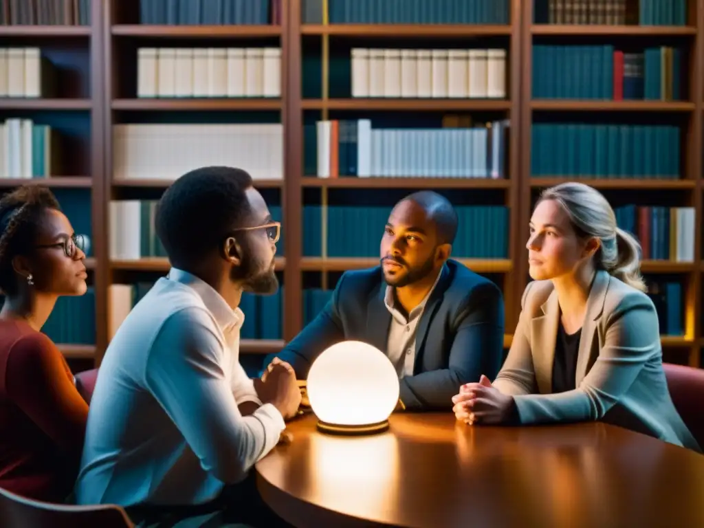 Un apasionado debate filosófico en una biblioteca iluminada