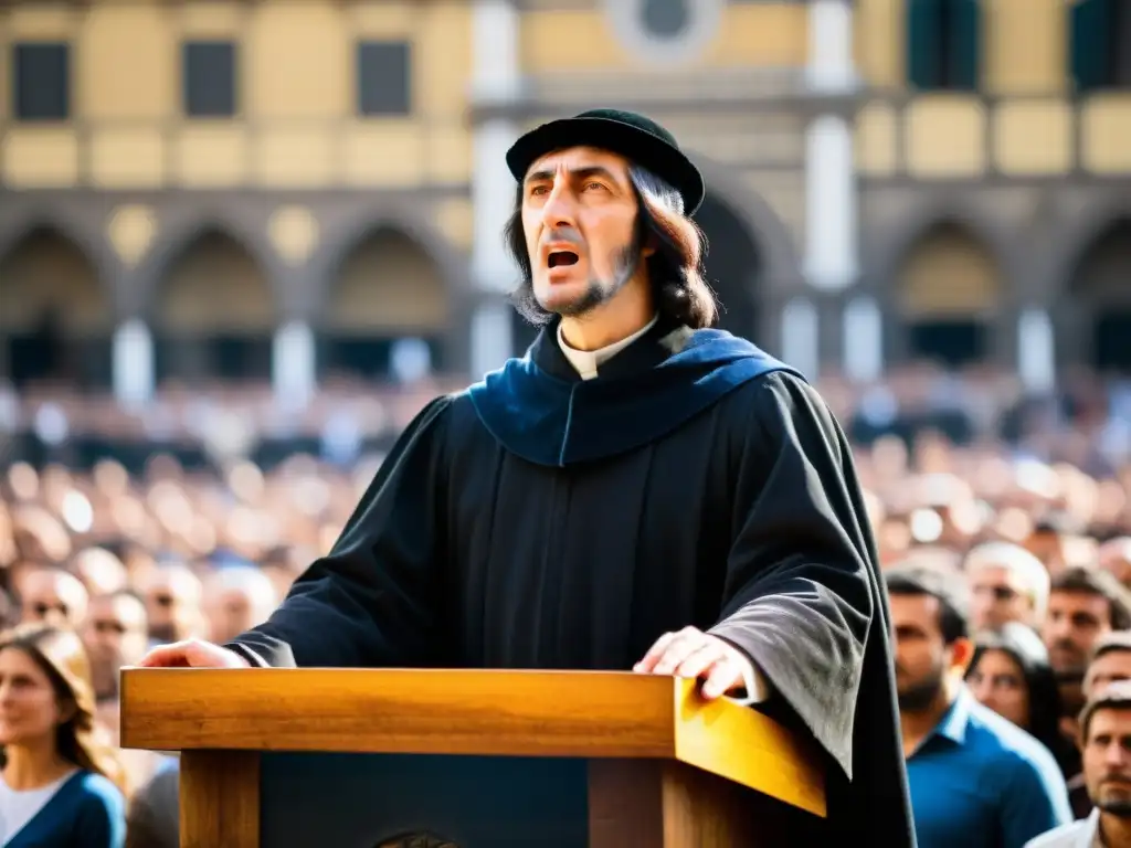 Girolamo Savonarola pronuncia un apasionado discurso en la Piazza della Signoria de Florencia, con una multitud cautivada por sus palabras