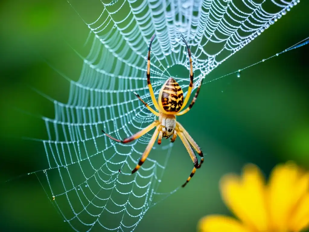 Una araña tejiendo una intrincada tela entre ramas, con rocío brillante sobre los delicados hilos