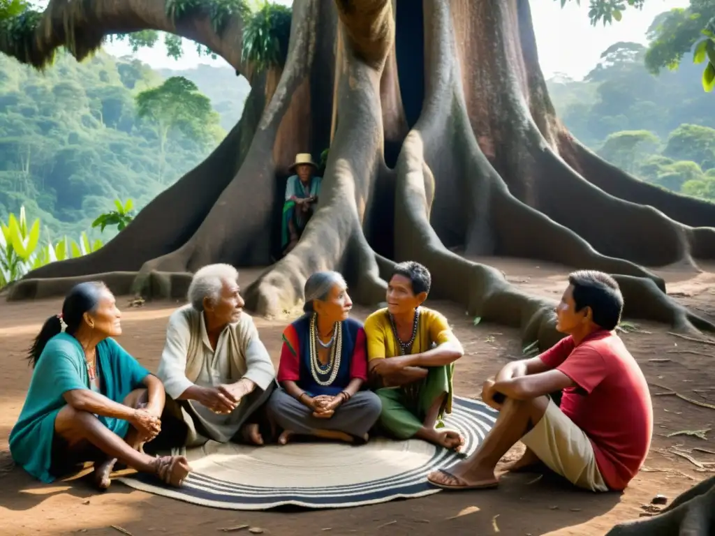 Conversación tradicional de Guaraníes bajo un árbol ancestral, reflejando la rica retórica y filosofía de Guaraníes en la selva